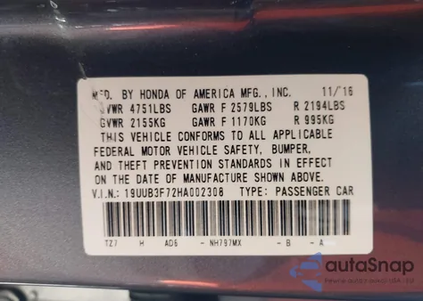 2017 Acura Tlx Advance Package из США, поврежденный, VIN 19UUB3F72HA002308